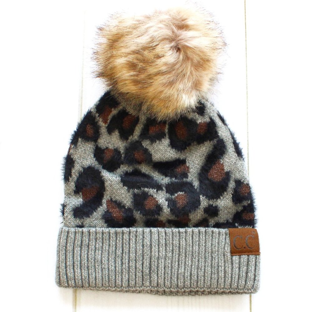 CC Leopard Fur Pom Beanie